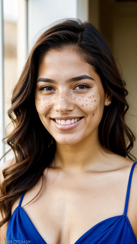 (one-1-person:1.2), beautiful latin lady, freckles, big smile, dark makeup, hyperdetailed photography, soft light, head and shoulders portrait, cover