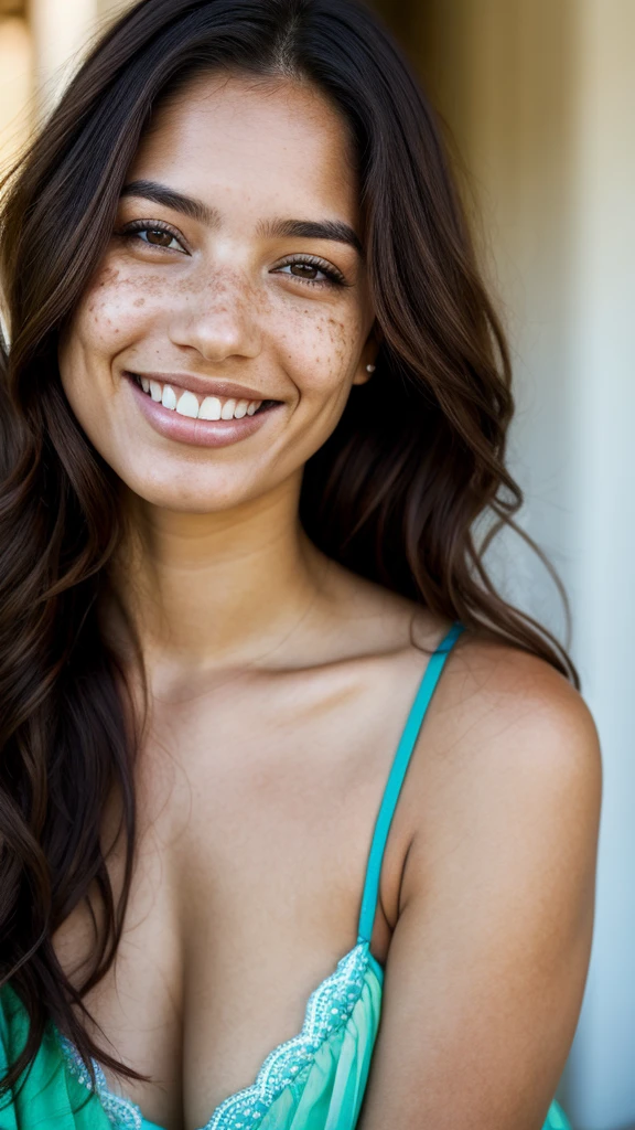 (one-1-person:1.2), beautiful latin lady, freckles, big smile, dark makeup, hyperdetailed photography, soft light, head and shoulders portrait, cover