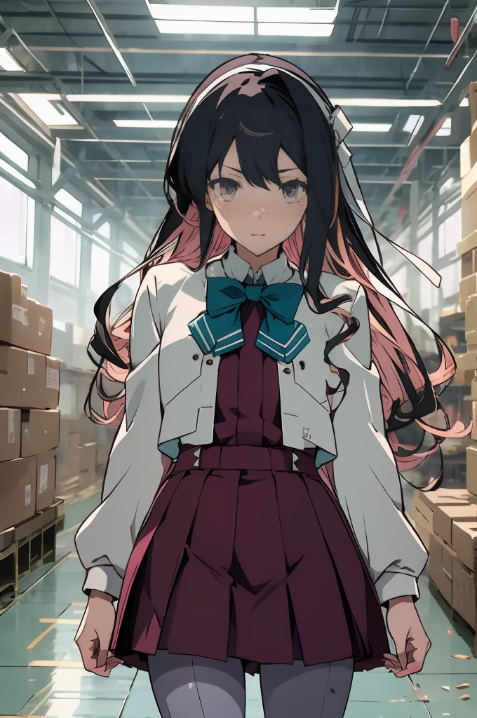 masterpiece, best quality, highres, hmngnm, naganami \(kancolle\), multicolored hair, white hairband, white jacket, purple dress, , grey pantyhose, aqua bowtie, long sleeves, cowboy shot, Inside the factory