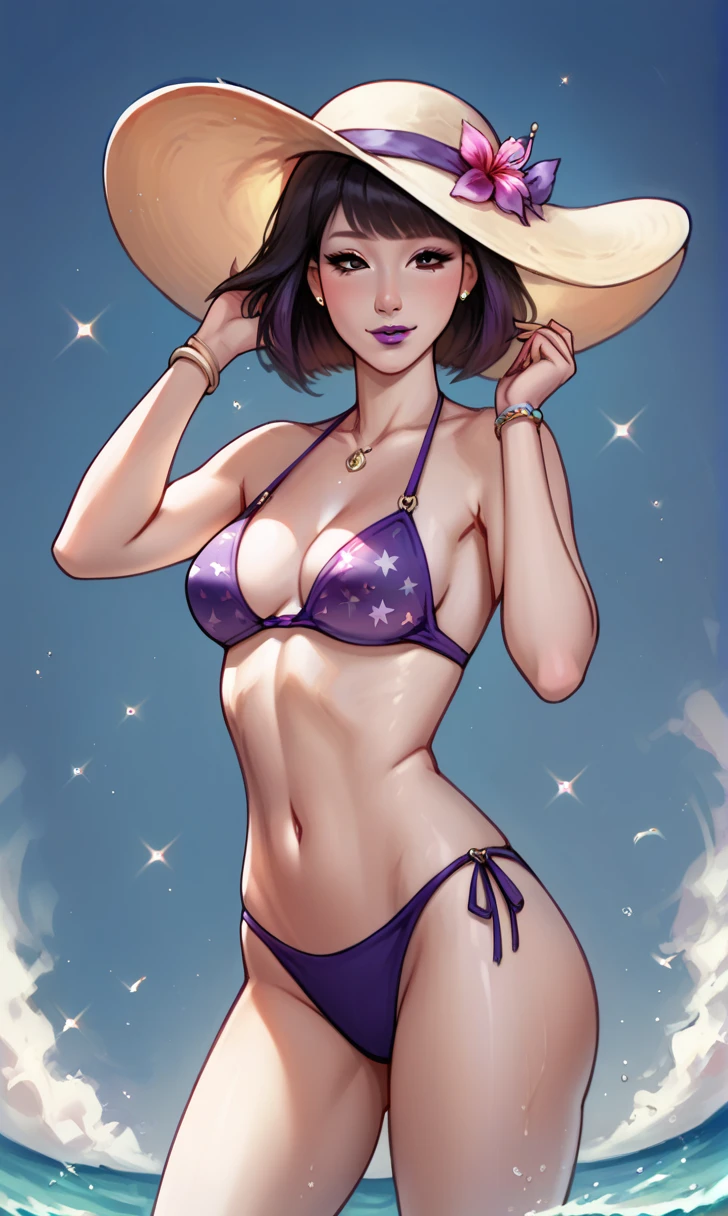 score_9, score_8_up, score_7_up, r1s0, 1girl, simple background, Asian, bikini, sunny, lovely, bob cut hair, sun hat, gentle smile, purple lips, black eyes,