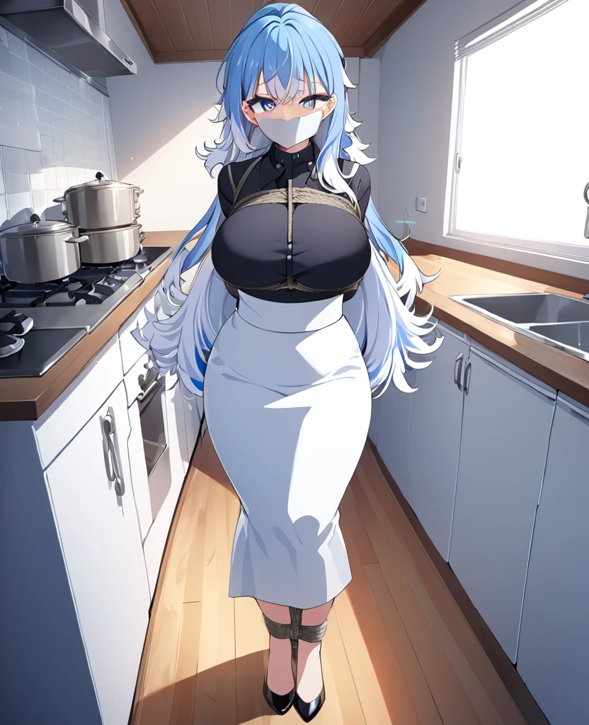 score_9, score_8_up, source_anime, 1girl, solo, KoboKanaeru, blue eyes, long hair, blue hair, colored tips, white hair, high-waist skirt, long skirt, white skirt, black shirt, long sleeves, , standing, indoors,house kitchen, (bound with an excessive amount of ropes), (bound wirsts), (arms behind back), (tapegag, tape gag), dramatic, (looking at viewer), (detailed pupils:1.3),pencil skirt,big breast , perfect famale body,full body shot