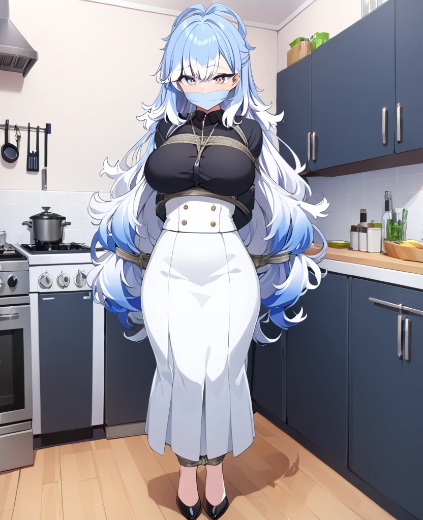 score_9, score_8_up, source_anime, 1girl, solo, KoboKanaeru, blue eyes, long hair, blue hair, colored tips, white hair, high-waist skirt, long skirt, white skirt, black shirt, long sleeves, , standing, indoors,house kitchen, (bound with an excessive amount of ropes), (bound wirsts), (arms behind back), (tapegag, tape gag), dramatic, (looking at viewer), (detailed pupils:1.3),pencil skirt,big breast , perfect famale body,full body shot
