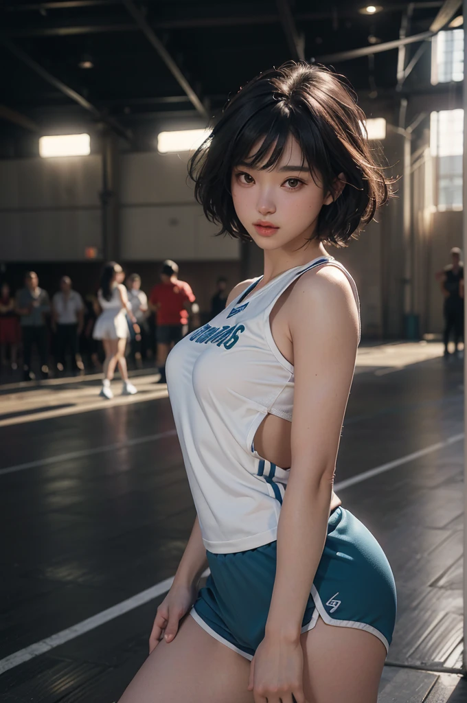 (RAW photo, 4k, masterpiece, high resolution, extremely complex) (realistic: 1.4), cinematic lighting Delicate girl with facial features
1 Girl, Single Focus, Summer Noon, Hot, 1990s\(Style\), Skin White, (Big Breast, Cleavage), (Best Quality), (Highres), (An Extremely Delicate and Beautiful),,(Beautiful 8k face),(green Eyes),(ulzzang-6500:1.0),Chicago bull dress, (solo),( looking side),(spectators),(large breasts),(NBA),bent over,,lookside,(side), ,(Basketball sportswear),((Play basketball)),((gymnasium)),((speed)),(reality),