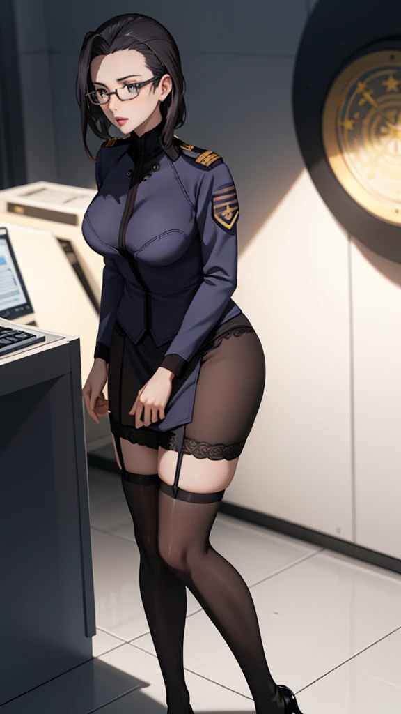 a beautiful woman wearing military uniform, formal attire, rimmed glasses, garter stockings, black high heels, skirt, highly detailed, hyper realistic, dramatic lighting, cinematic composition, glossy skin, intricate details, vibrant colors, photorealistic, 8k, masterpiece, portrait、ネクタイ