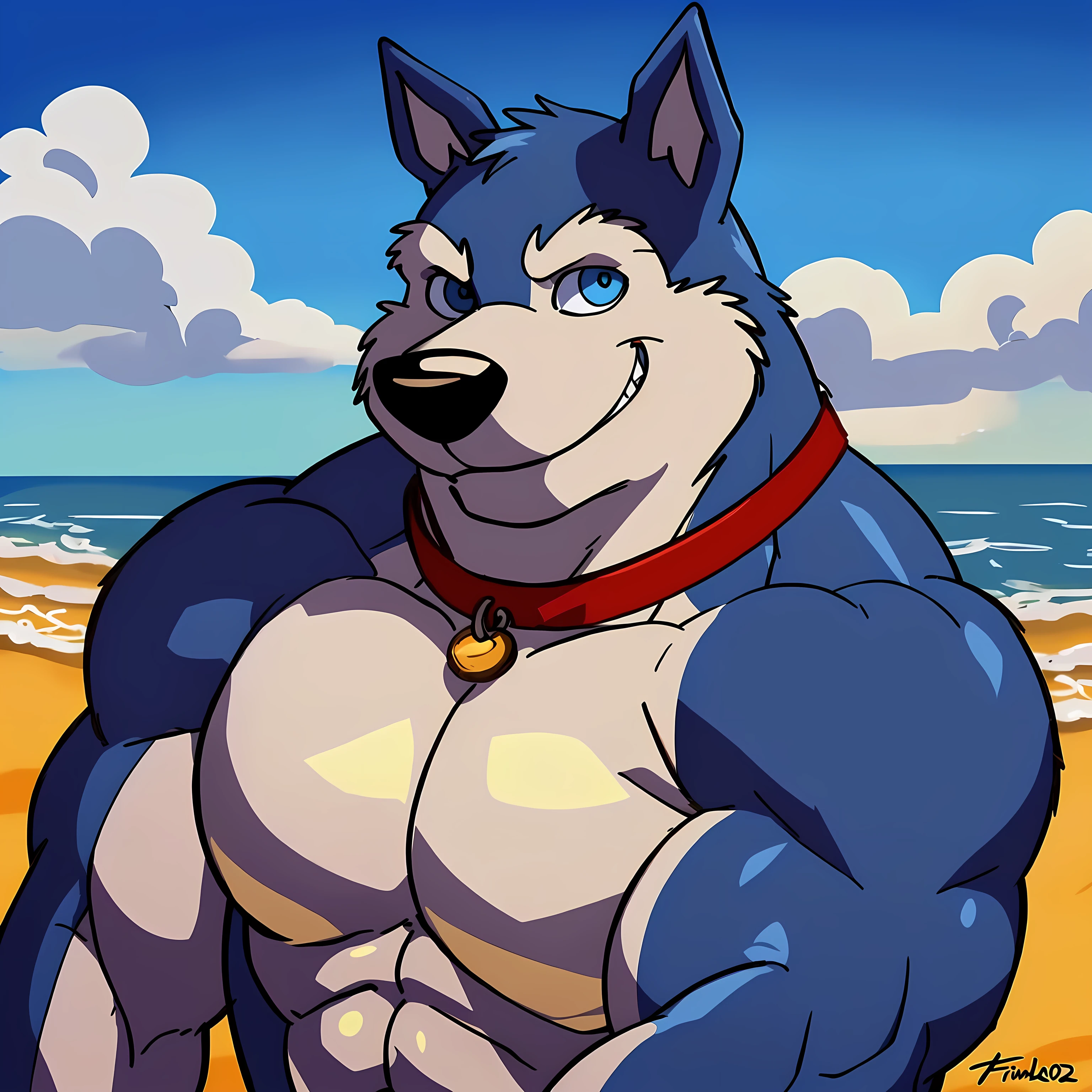 Exile (Road Rovers), blue fur, white fur, anthro, pointy ears, dog, solo, half body, muscular, pectorals, red dog collar, pet tag coin, smile, high quality, best resolution, cel shaded, (blue eyes, detailed eyes):1.1, shirtless, bare chest, beach background, looking at camera, by wfa, by rossciaco, by taran fiddler, grin, biceps, flexing arms, flexing biceps, correct anatomy, correct proportions, grin