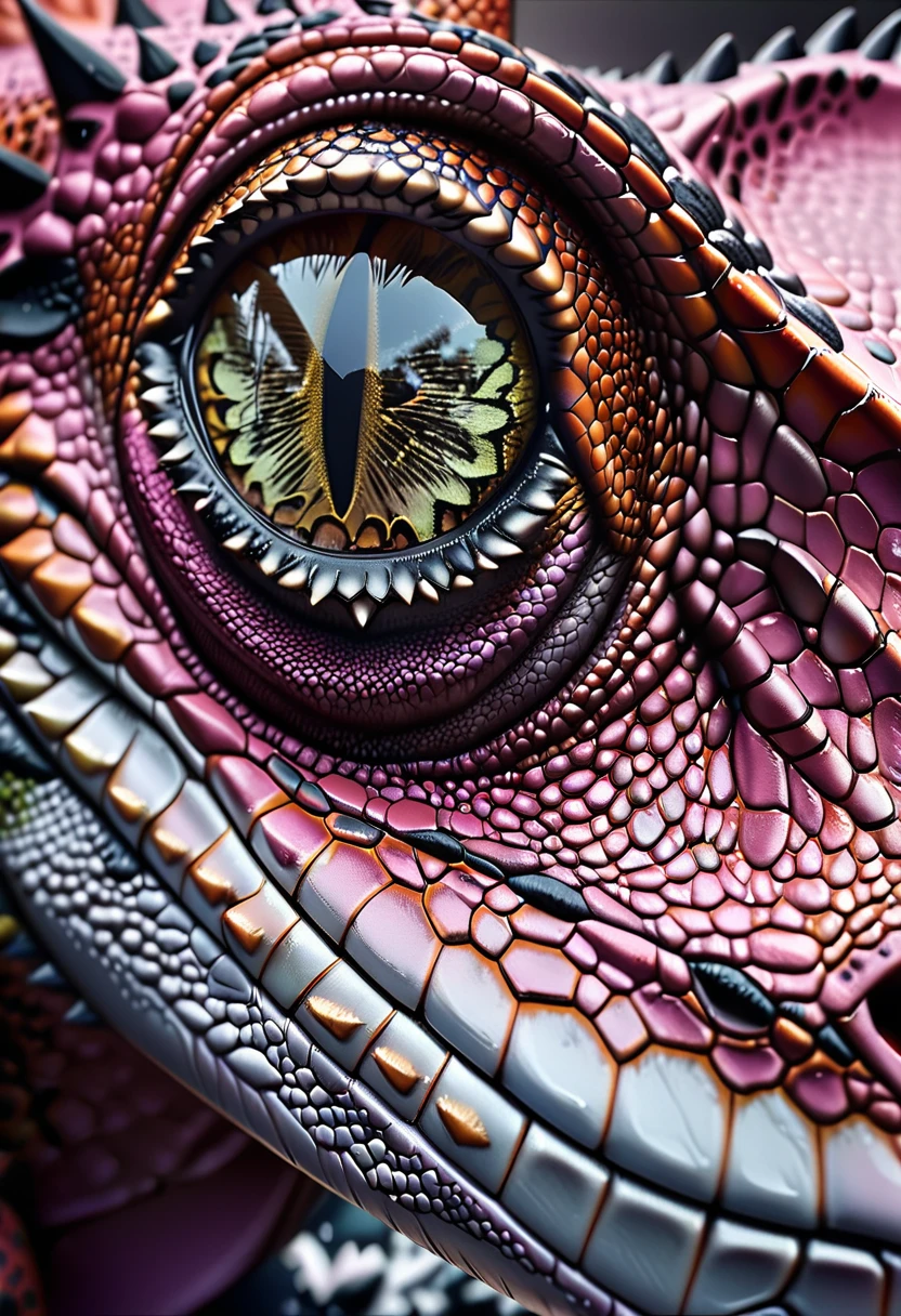 there is (black and white: 1.2) butterfly sitting on the top of the nor of a (pink T-rex: 1.2) dinosaur, a really close up shot, (masterpiece: 1.4) intense details, highly detailed, photorealistic, best quality, highres,16k, [ultra detailed], masterpiece, best quality, (extremely detailed), close up facial shot, picture, dynamic angle 