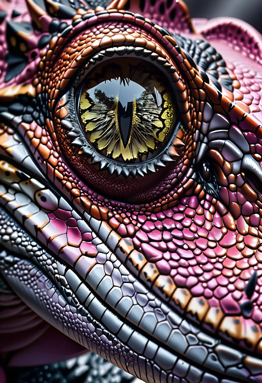 there is (black and white: 1.2) butterfly sitting on the top of the nor of a (pink T-rex: 1.2) dinosaur, a really close up shot, (masterpiece: 1.4) intense details, highly detailed, photorealistic, best quality, highres,16k, [ultra detailed], masterpiece, best quality, (extremely detailed), close up facial shot, picture, dynamic angle 