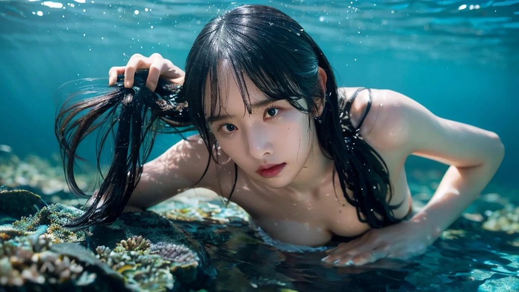 black thong, topless, diving, underwater, beautiful fish school, beautiful corals, beautiful seaweed, holding breath, wet hair, wet body, extremely detailed eyes, extremely detailed face, best quality, extremely detailed, one person, one girl, ultra-detailed, (realistic, photo-realistic:1.3)