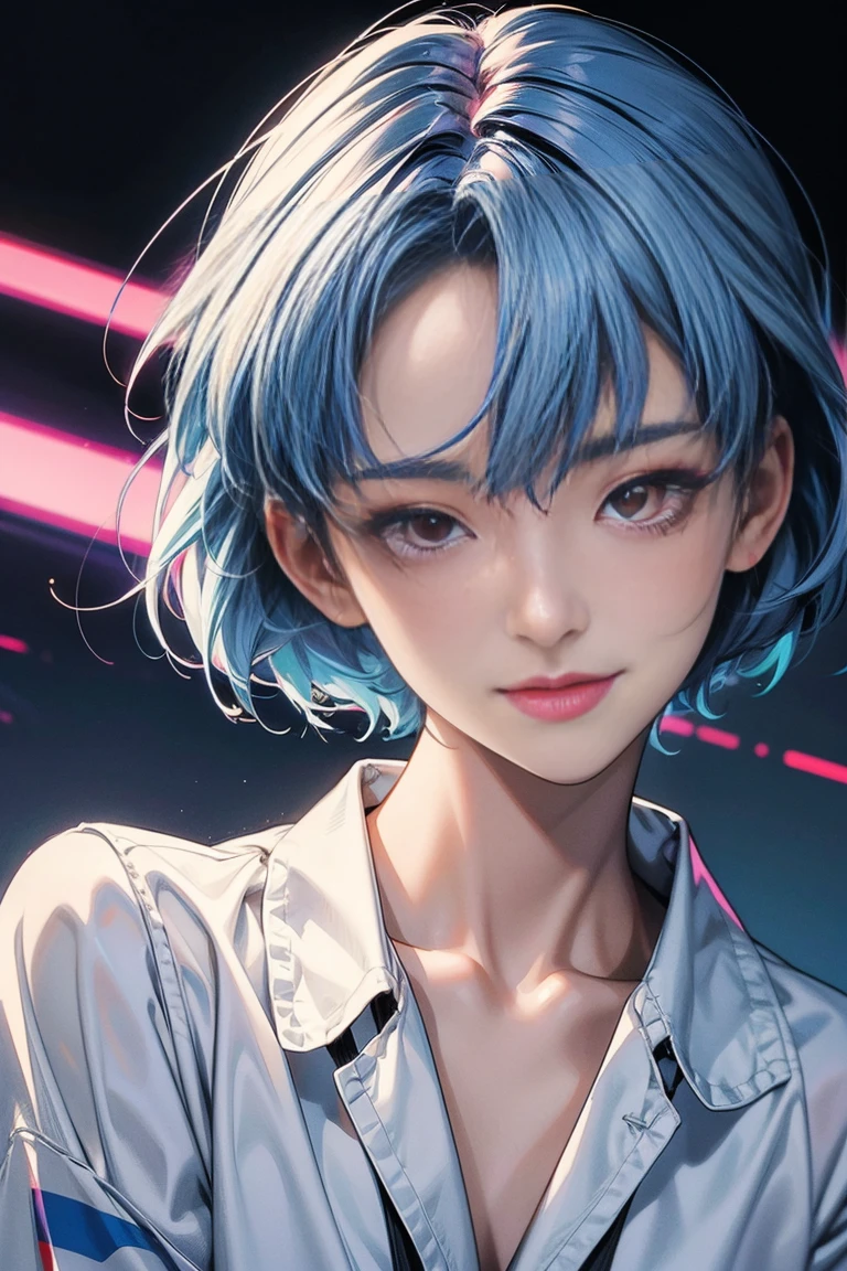 A masterpiece portrait of smiling Rei Ayanami (Evangelion), Evangelion (Hideaki), Caustics, High resolution illustrations, Red eyes, feminine, No students, Blue Hair, short hair, Japanese , loafers, Spank, Synthwave, paint Splashs, Shaded flat illustration, Digital Art, Trending on Art Station, Very detailed, The finer details, Complex, Splash, Overtake, Vaporware, Neon color