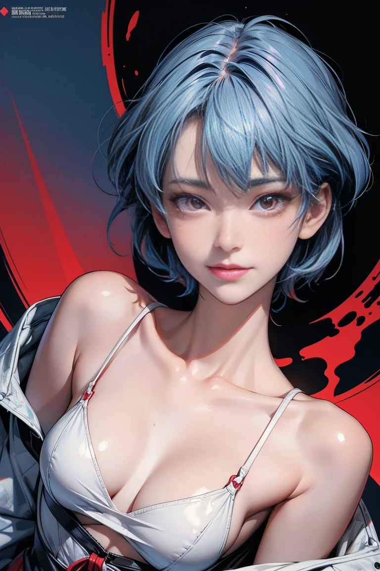 A masterpiece portrait of smiling Rei Ayanami (Evangelion), Evangelion (Hideaki), Caustics, High resolution illustrations, Red eyes, feminine, No students, Blue Hair,  short hair, Japanese , loafers, Spank, Synthwave, paint Splashs, Shaded flat illustration, Digital Art, Trending on Art Station, Very detailed, The finer details, Complex, Splash, Overtake, Vaporware, Neon color