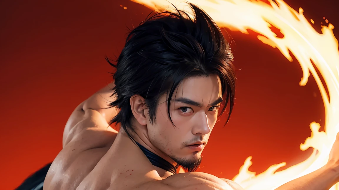 masterpiece: 1.1, Detailed eyes and face, Japanese feudal, Sabre on your back, Very detailed ch unity 8k wallpaper, Ink splash, Flat background, Red circle background, Goku Super Saiyan, muscular, Bulky, Bodybuilding, Serious expression, (whole body:1.05), pure, Colorful watercolor, Japanese art style, black eyes