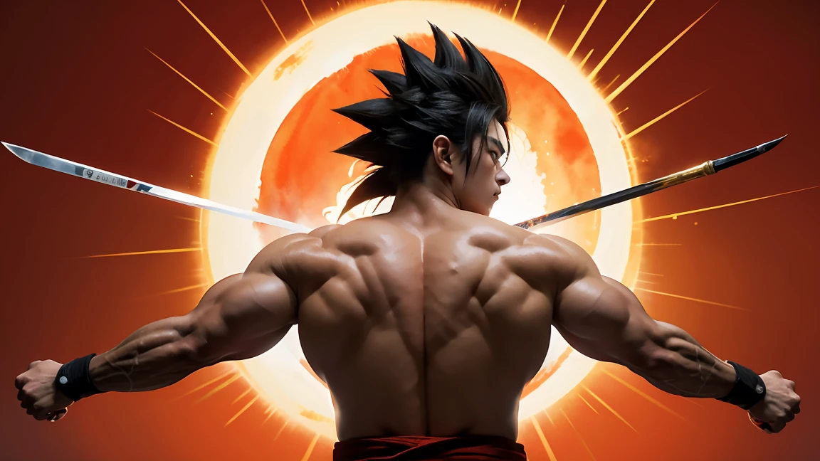 masterpiece: 1.1, Detailed eyes and face, Japanese feudal, Sabre on your back, Very detailed ch unity 8k wallpaper, Ink splash, Flat background, Red circle background, Goku Super Saiyan, muscular, Bulky, Bodybuilding, Serious expression, (whole body:1.05), pure, Colorful watercolor, Japanese art style, black eyes