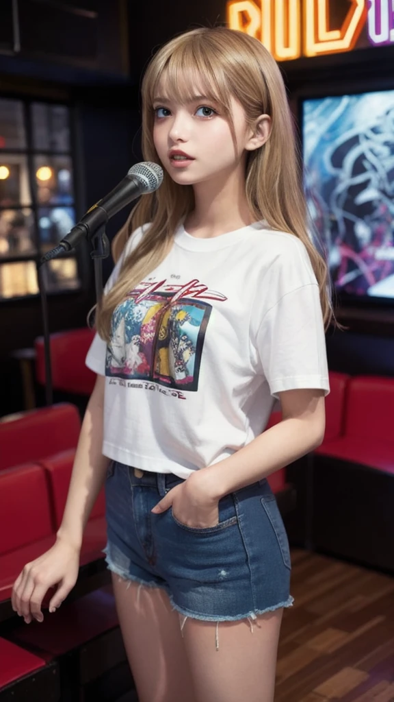 a 18 year old girl, Sitting in a movie theater, Bokeh, Perfect Figure, (((Hand-lifted skirt, boxer shorts, I can see the panties))), ((My eyes crossed, captivating)), Short T-shirt, slim tummy, (mini-skirt),(Spread your legs)