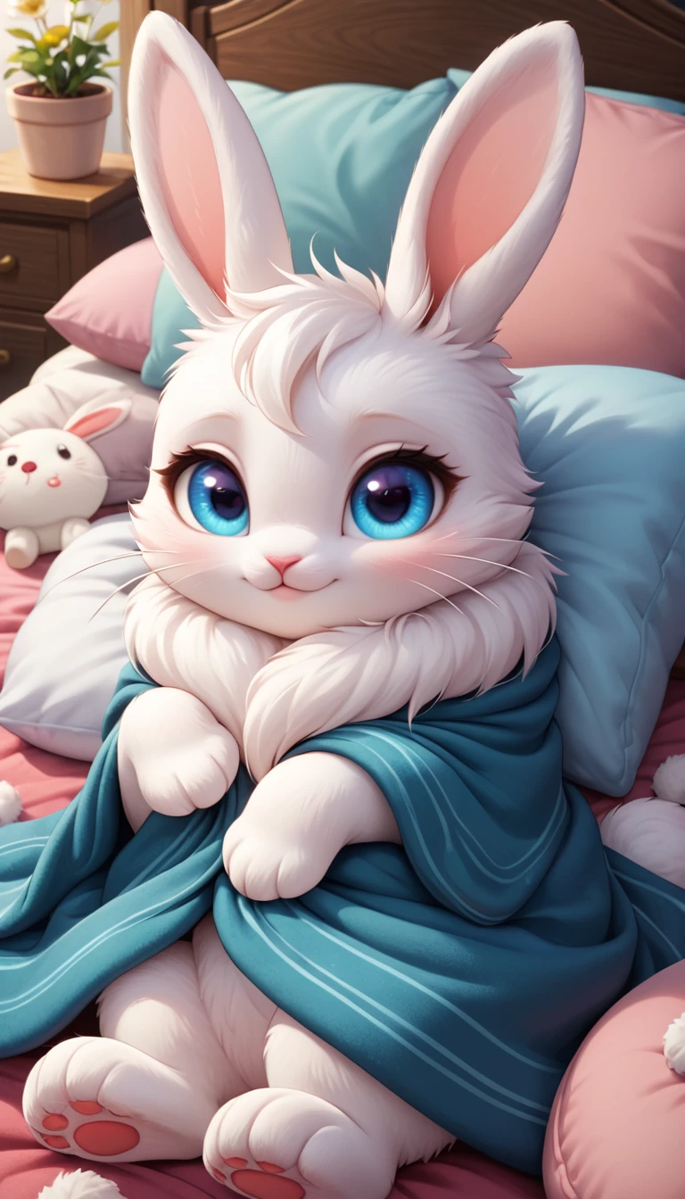 A cute little rabbit，With white beard and bright eyes,Little rabbit resting in a cozy nest, Surrounded by fluffy pillows and blankets