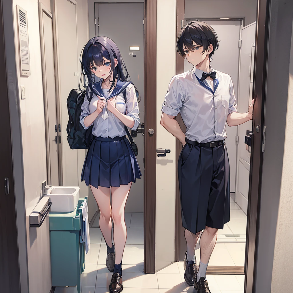A man and a woman fucking in the school bathroom.