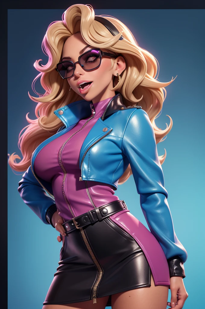 obra prima, melhor qualidade, ((only one woman,)) ((lady gaga, tan skin, wavy bob hair, open mouth,)) head back, (sassy wicked sultry sneer, big teeth smile,) open mouth, pucker mouth, sunglasses, thick smoky black eye shadow, long fake eyelashes, sticking tongue out, ((magenta leather jacket with puff shoulder,)) biker jacket has stiff collar, leather blouse, ((cerulean blue leather sweater dress, metallic leather sun dress, leather culottes,)) periwinkle blazer length leather coat, ((gold pvc skirt, pockets, unzipped front,)) studs zippers snaps, shiny leather gloves, nip slip, body is skinny, shiny tight buttocks, arched back, camera view of whole body, looking up at me, shallow depth of field, highres, HD, 8k, anatomically correct