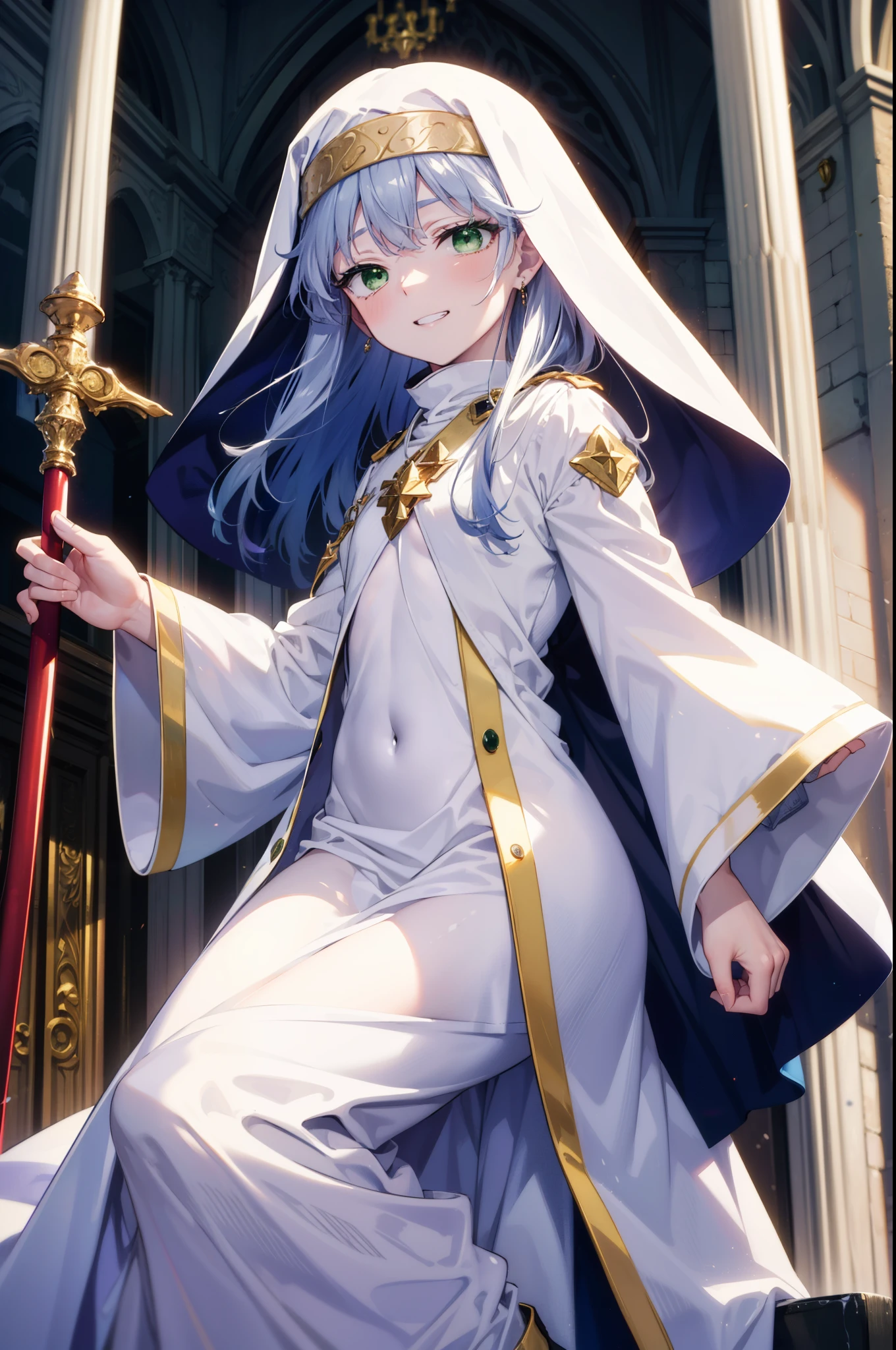 index, index, (Green Eyes:1.5), Silver Hair, Long Hair, (Flat Chest:1.2),Grin,
break habit, Long sleeve, Nuns, Robe, white Robe, Wide sleeves,Long skirt,boots,Put your right hand on your hip,In his left hand he holds a long sacred staff,whole bodyがイラストに入るように,
break looking at viewer, whole body,
break indoors, church,
break (masterpiece:1.2), Highest quality, High resolution, unity 8k wallpaper, (figure:0.8), (Beautiful attention to detail:1.6), Highly detailed face, Perfect lighting, Highly detailed CG, (Perfect hands, Perfect Anatomy),