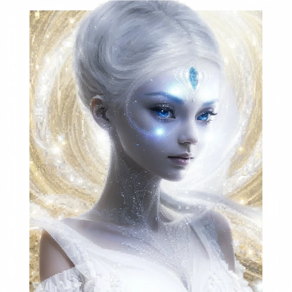 Very real image. beautiful face of an extraterrestrial Goddess, with a long neck, large head, slanted eyes, tiny nose, bright blue luminous dots emerge from her neck, she wears a white ruffled dress, radiating golden lights. Photorealism, full view, highly detailed image, very realistic, hyperrealism, Ultra HD, 8k, 5, sharp focus, intricate and mysterious masterpiece. (Long exposure photography Very detailed close-up portrait artistic illustration: final quality, medium shot, backlight, Rich and striking. Enigmatic and mysterious manipulations (composition of the rule of thirds), ((detailed environment with strong lines) The best quality, in camera, white light, warm and clean aesthetics, dazzling screen composed of millions of brilliant ultraviolet rays, HDR.