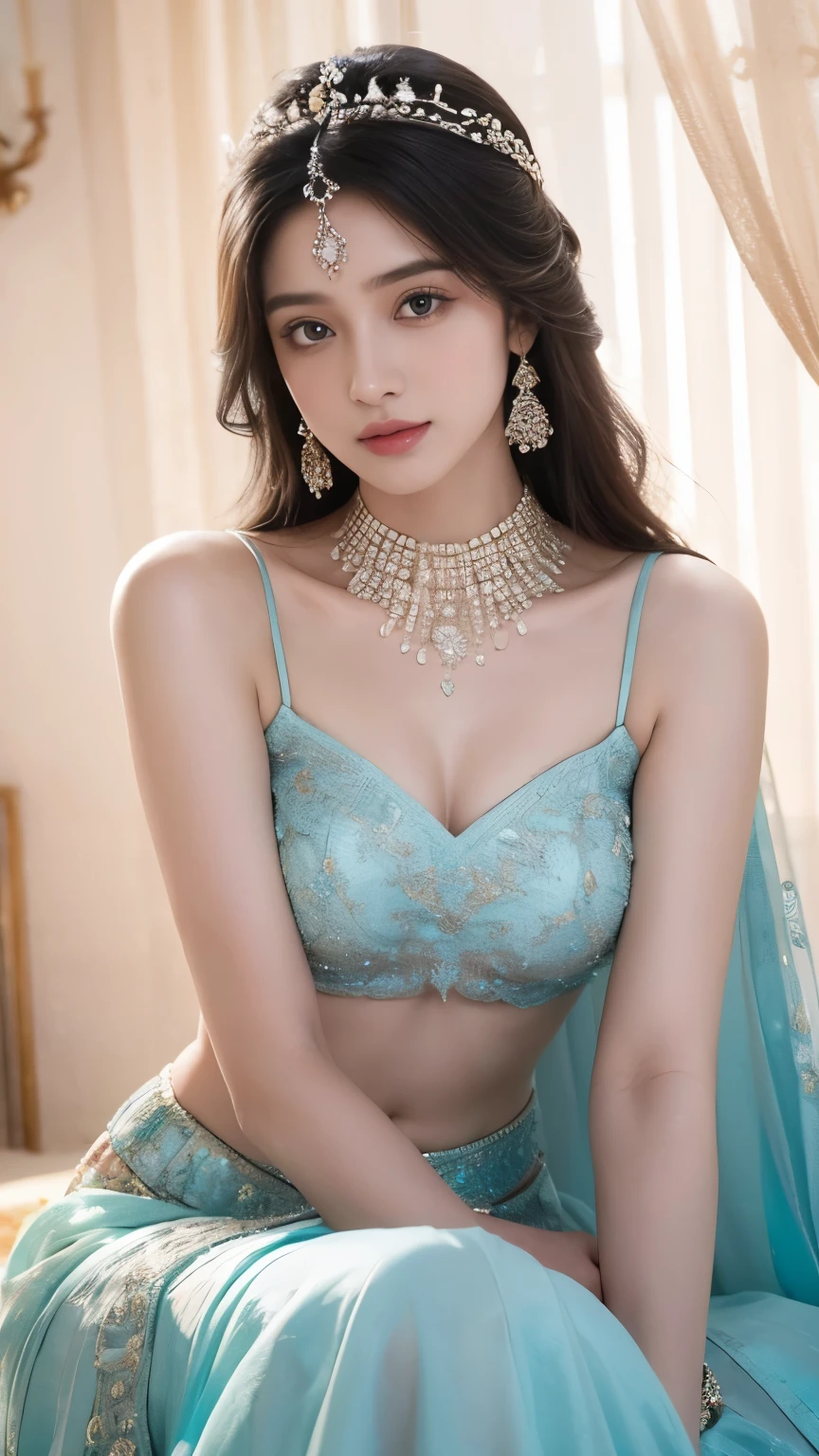 (best quality, ultra-detailed, realistic:1.37), professional, beautiful detailed eyes, beautiful detailed lips, detailed facial features, natural skin tones, perfect skin texture, delicate facial expressions, image in high resolution, realistic face, realistic skin, plain face, natural smile, highly detailed hair, 20 years, (Kiran, beautiful Indian young woman), radiates cyan bridal glamour in an exquisite Lehenga Choli adorned with intricate embroidery and ornate jewelry. The high-resolution image captures ultra-detailed realism, highlighting Kiran's captivating eyes, sitting, expressive lips, and graceful facial features, enhancing her bridal beauty. The soft lighting and floral decorations create a visually stunning representation of traditional Indian weddings and the joyous celebration of love, Beautiful background.