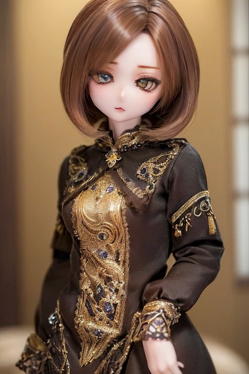 photorealistic, realistic photo, (sfw:2), ((highest quality)), ((masterpiece)), (extremely detailed), kukolnydom, doll, (mature woman:1.6), ((cowboy shot)), solo, (skinny, slender, brown hair, medium hair), dress, green eyes, almond eyes, (looking away, blank eyes, empty eyes, detailed eyes:1.3), museum, 8k