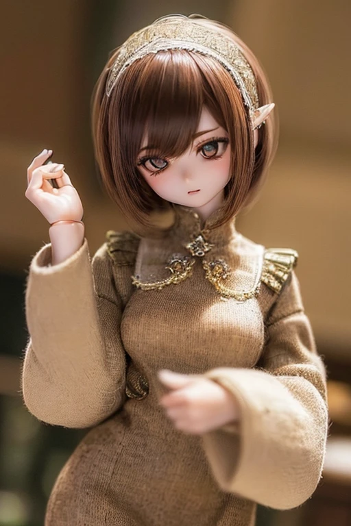 photorealistic, realistic photo, (sfw:2), ((highest quality)), ((masterpiece)), (extremely detailed), kukolnydom, doll, (mature woman:1.6), ((cowboy shot)), solo, (skinny, slender, brown hair, medium hair), dress, green eyes, almond eyes, (looking away, blank eyes, empty eyes, detailed eyes:1.3), museum, 8k