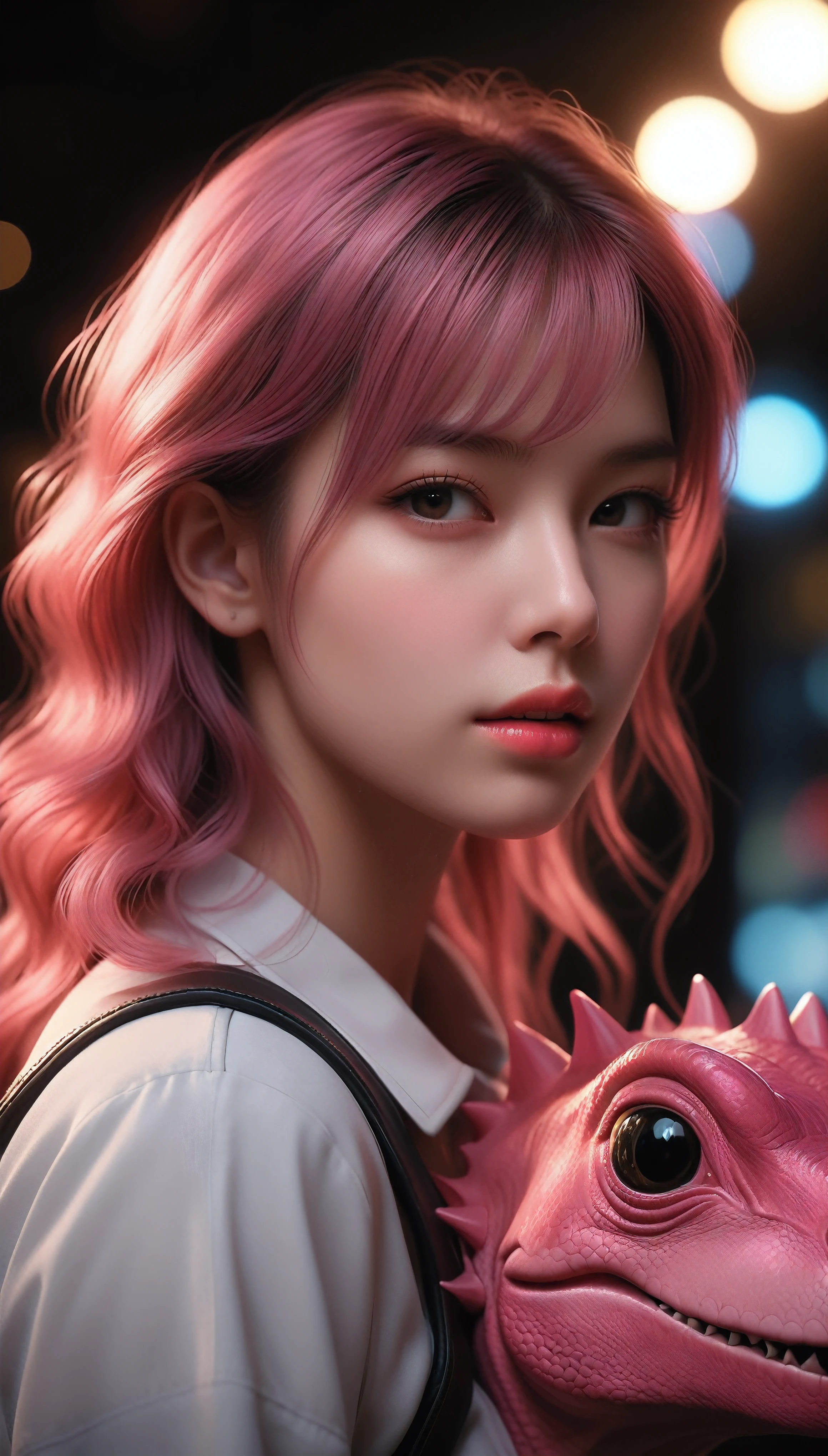 ((Masterpiece in maximum 16K resolution):1.6),((soft_color_photograpy:)1.5), ((Ultra-Detailed):1.4),((Movie-like still images and dynamic angles):1.3). | (Macro shot cinematic photo of beautiful Female with Cute Pink Dinosaur), (Cute pink Dinosaur), (Beautiful Female), (focus on the Dinosaur), (macro lens), (exotic accesories), (Dark Neon), (luminous object), (Cute atmosphere), (shimmer), (aesthetic Female accesories), (visual experience),(Realism), (Realistic),award-winning graphics, dark shot, film grain, extremely detailed, Digital Art, rtx, Unreal Engine, scene concept anti glare effect, All captured with sharp focus. | Rendered in ultra-high definition with UHD and retina quality, this masterpiece ensures anatomical correctness and textured skin with super detail. With a focus on high quality and accuracy, this award-winning portrayal captures every nuance in stunning 16k resolution, immersing viewers in its lifelike depiction. | ((perfect_composition, perfect_design, perfect_layout, perfect_detail, ultra_detailed)), ((enhance_all, fix_everything)), More Detail, Enhance.
