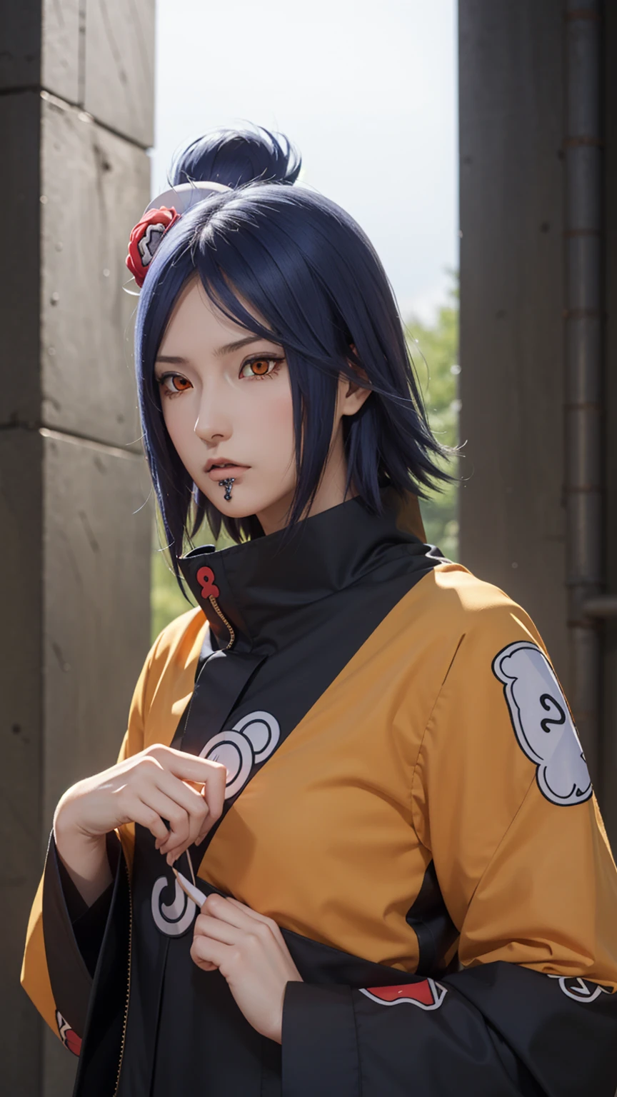 woman, woman, short hair, hair ornament, blue hair, small, panties, bra, sexy body , , one flower, hair цветок, (orange eyes:1.2), (labret piercing:1.2), eyeshadow, (Akatsuki uniform:1.5), Akatsuki \(naruto\),BREAK (masterpiece:1.2), Best quality, A high resolution, unity 8k wallpaper, very detailed face, perfect lighting, extremely detailed computer graphics, (perfect hands, Ideal Anatomy),