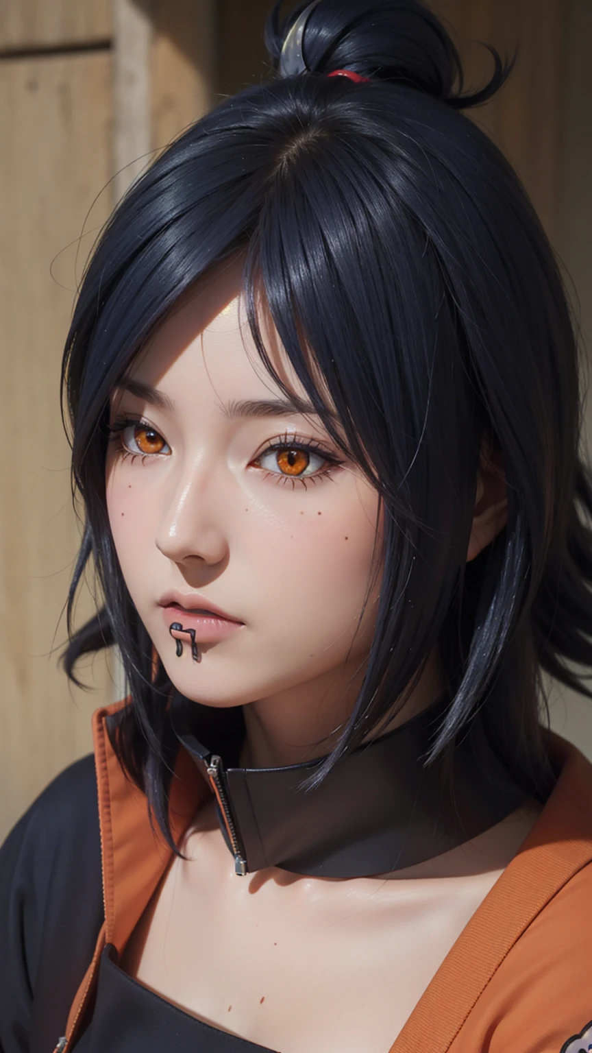 woman, woman, short hair, hair ornament, blue hair, small, panties, bra, sexy body , , one flower, hair цветок, (orange eyes:1.2), (labret piercing:1.2), eyeshadow, (Akatsuki uniform:1.5), Akatsuki \(naruto\),BREAK (masterpiece:1.2), Best quality, A high resolution, unity 8k wallpaper, very detailed face, perfect lighting, extremely detailed computer graphics, (perfect hands, Ideal Anatomy),