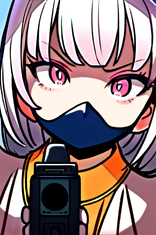 One , with white ponytail hair, with an orange chain blouse , cute-face, light pink eyes , dark blue mask, holding a gun.