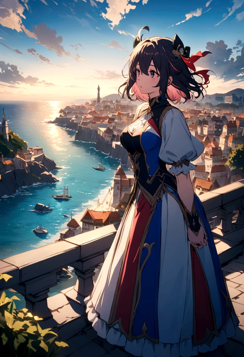 Tri-color cavalier　European-style cityscape　Slope overlooking the sea