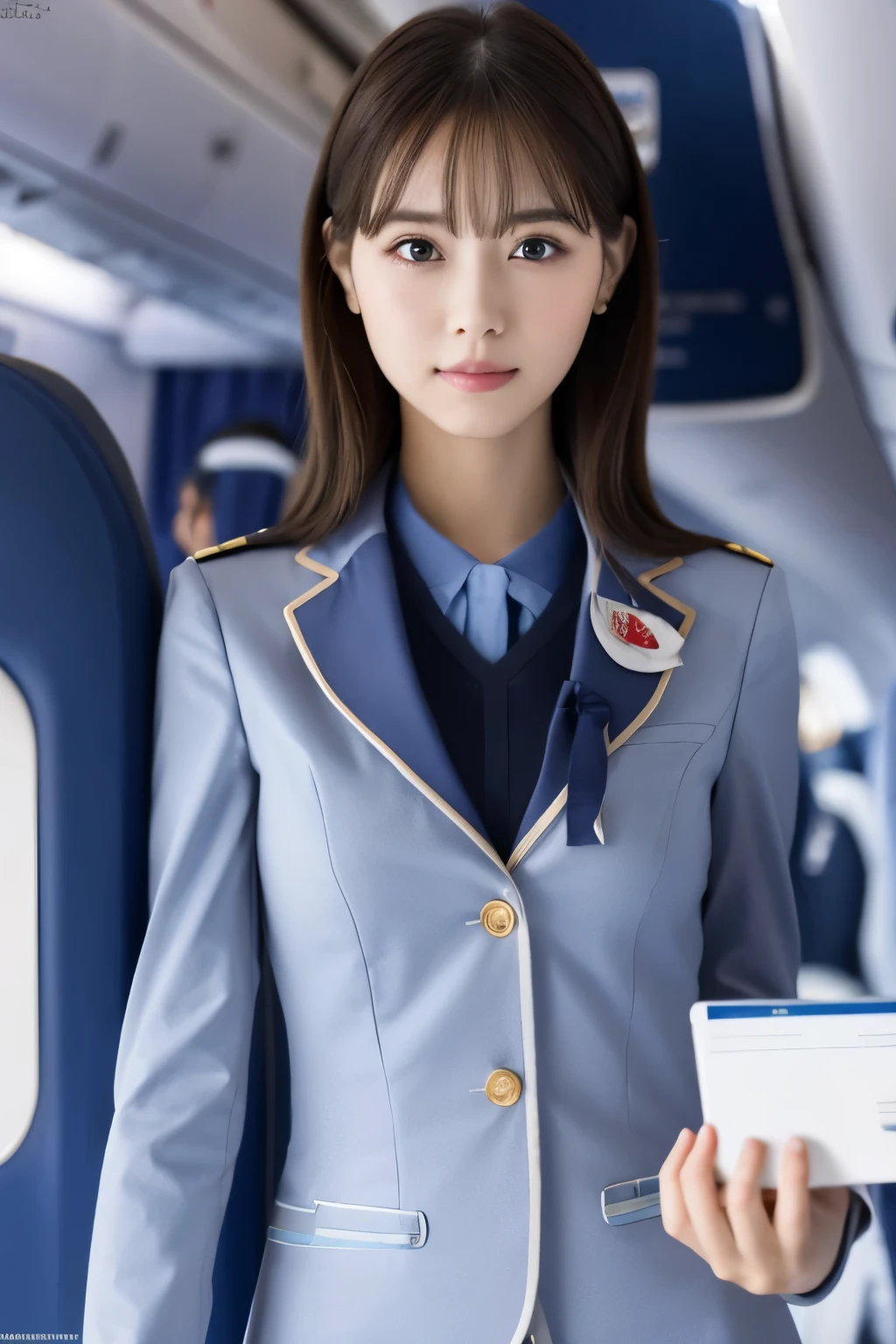 Highest quality, masterpiece, 8K, Ultra-high resolution, (Realistic: 1.4), 1 Girl, Beautiful Face, Symmetrical eyes, big, Perfect Body Proportions, Stewardess Uniform, Viewer Perspective, (On the plane: 1.2), Front view, Shoulder jumps, Absolute area (1.3),