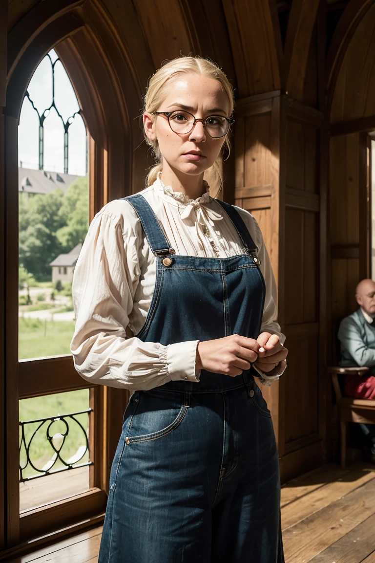 8K, ultra realistic photograph, in the style of David LaChapelle, (1 woman and 1 man:1.9), (left foreground: 1 woman, wearing a black dress with a white Peter Pan collar, a brown blouse with a colonial print imitating traditional American style, blonde, hair tied with a brooch featuring an orange cameo, pinched mouth, visible wrinkles at the corners of her lips, looking somber and worried), (right foreground: 1 older man, looking straight ahead severely, round glasses, elongated face, advanced baldness, grey hair, circumflex eyebrows, thin mouth, austere expression, wearing a collarless shirt with thin green stripes, denim overalls, black jacket, holding a three-pronged pitchfork in his right hand, a red barn partially visible above his left shoulder), (center background: a house with Gothic architecture, a tall neo-Gothic window above a porch supported by slender columns, through the window, an embroidered curtain, behind the house, naive round trees in the background)
