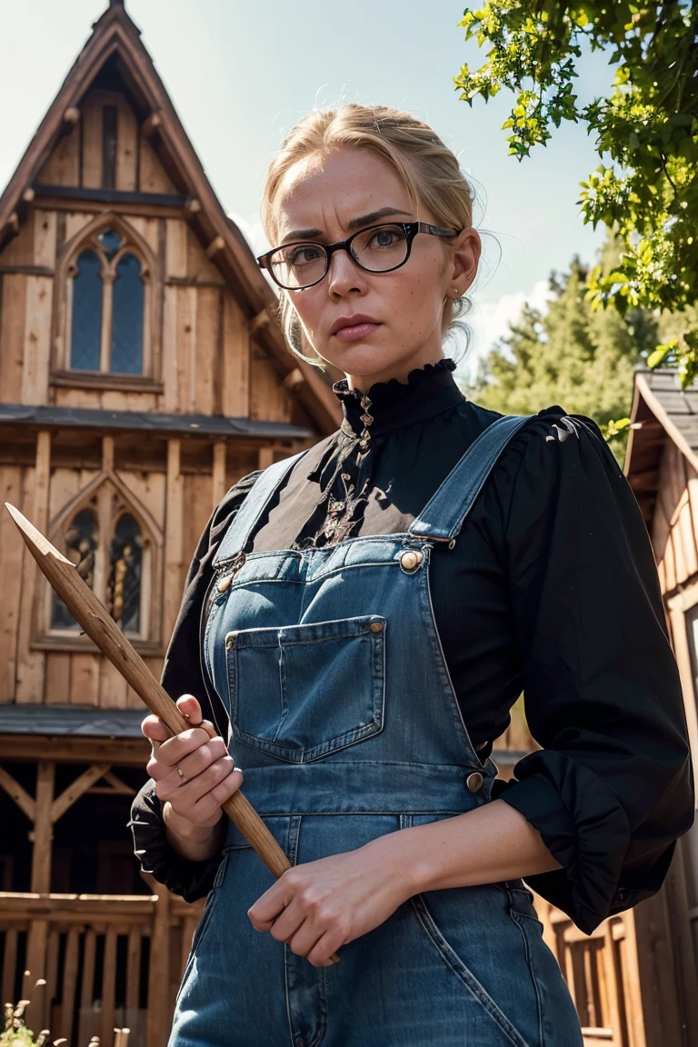 8K, ultra realistic photograph, in the style of David LaChapelle, (1 woman and 1 man:1.9), (left foreground: 1 woman, wearing a black dress with a white Peter Pan collar, a brown blouse with a colonial print imitating traditional American style, blonde, hair tied with a brooch featuring an orange cameo, pinched mouth, visible wrinkles at the corners of her lips, looking somber and worried), (right foreground: 1 older man, looking straight ahead severely, round glasses, elongated face, advanced baldness, grey hair, circumflex eyebrows, thin mouth, austere expression, wearing a collarless shirt with thin green stripes, denim overalls, black jacket, holding a three-pronged pitchfork in his right hand, a red barn partially visible above his left shoulder), (center background: a house with Gothic architecture, a tall neo-Gothic window above a porch supported by slender columns, through the window, an embroidered curtain, behind the house, naive round trees in the background)