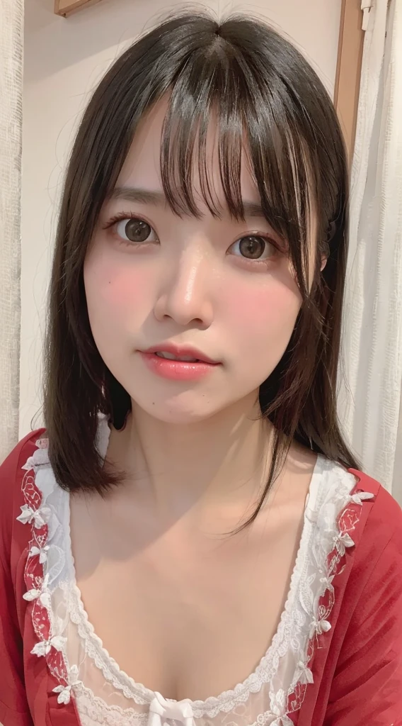 1 female、Highest quality、Ultra-high resolution、(Realistic:1.4)、blush、cute、(Detailed face)、Laughter、Looking into the camera、Inside the room、Black underwear、Huge 、Accentuate your breasts、Large Breasts、Shortcutole in the eye、Face close-up、Married women