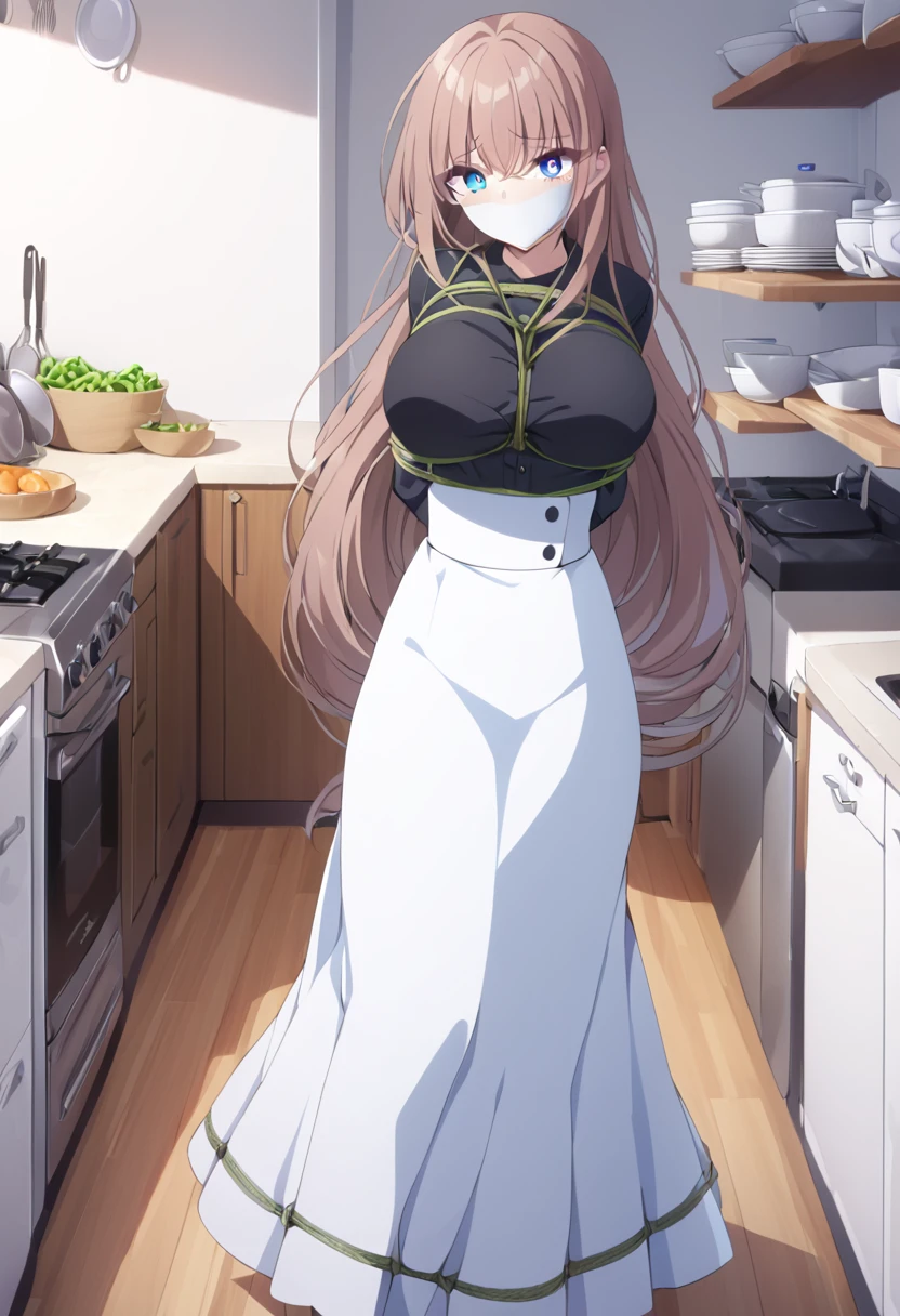 score_9, score_8_up, source_anime, 1girl, solo, KoboKanaeru, blue eyes, long hair, brown hair, , high-waist skirt, long skirt, white skirt, black shirt, long sleeves, , standing, indoors,house kitchen, (bound with an excessive amount of ropes), (bound wirsts), (arms behind back), (tapegag, tape gag), dramatic, (looking at viewer), (detailed pupils:1.3),pencil skirt,big ,green rope