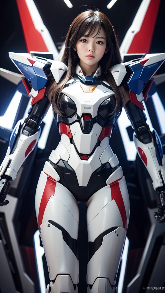 Textured skin, Super Detail, high details, High quality, Best Quality, hight resolution, 1080p, hard disk, Beautiful,(Gundam),beautiful cyborg woman,Mecha Cyborg Girl,Battle Mode,Girl with a Mecha Body,She wears a futuristic Gundam mecha,Fulll body Shot