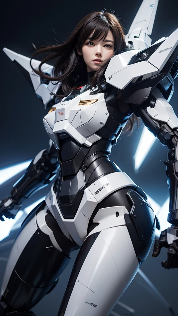 Textured skin, Super Detail, high details, High quality, Best Quality, hight resolution, 1080p, hard disk, Beautiful,(Gundam),beautiful cyborg woman,Mecha Cyborg Girl,Battle Mode,Girl with a Mecha Body,She wears a futuristic Gundam mecha,Fulll body Shot