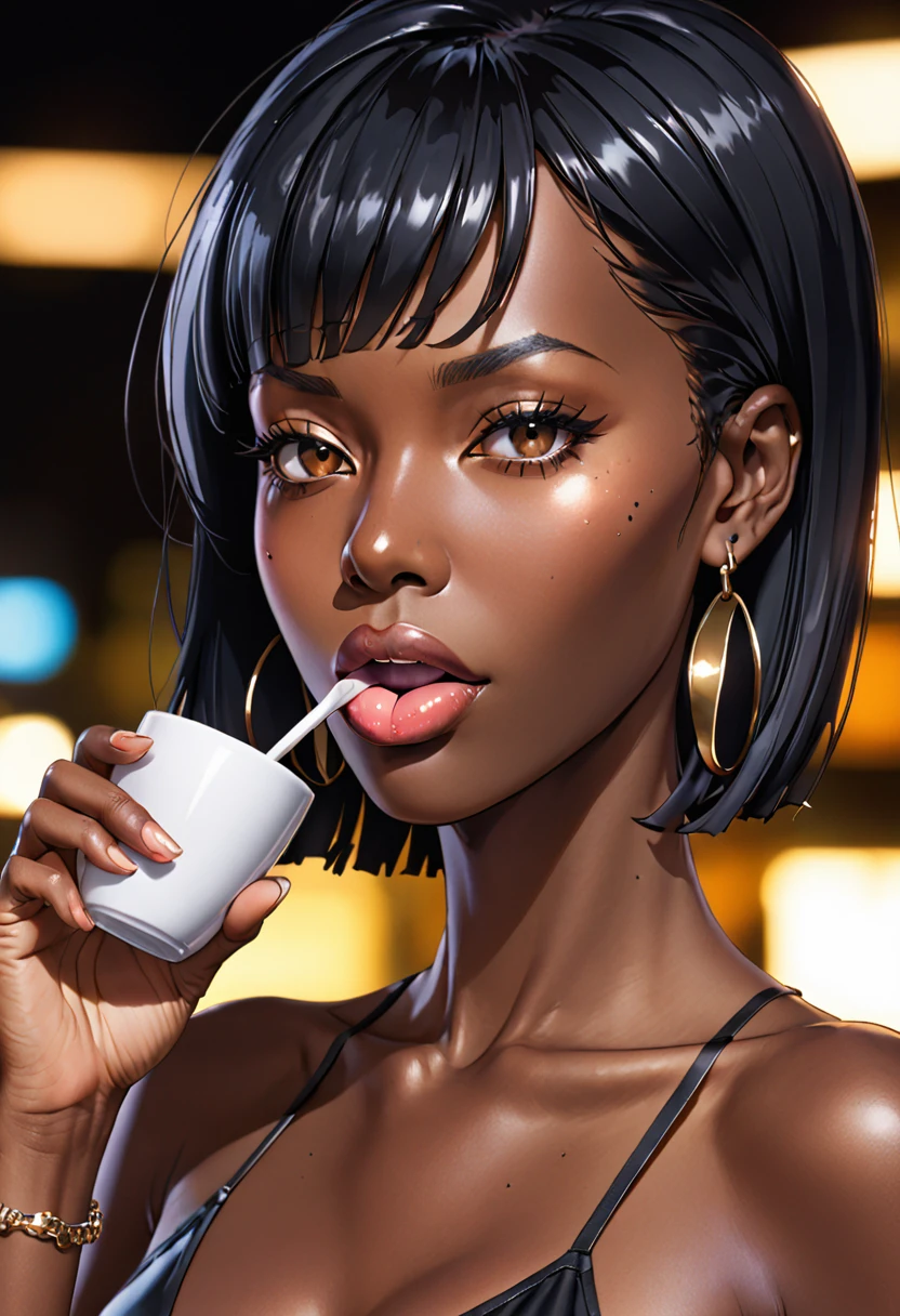 score_9, score_8_superior, score_7_superior, score_6_superior, score_5_superior, score_4_superior, sauce_anime, alone, One girl, Mature Woman, Bremerton_\(Azure_lane\), Dark Skin, Woman with dark skin, makesuperior, eye shadow, fix, Sunburned skin, Shiny skin, Metallic Tan, Skin of color, Jet Black Skin, saliva, tongue, Pierced earrings BREAK Light Brush, Cup, bar, Dim lighting, Drunk, 