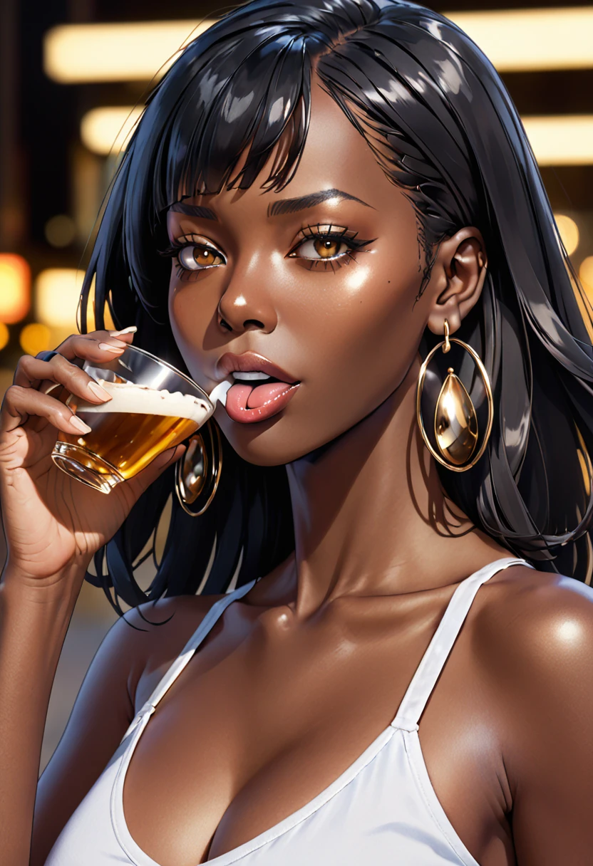 score_9, score_8_superior, score_7_superior, score_6_superior, score_5_superior, score_4_superior, sauce_anime, alone, One girl, Mature Woman, Bremerton_\(Azure_lane\), Dark Skin, Woman with dark skin, makesuperior, eye shadow, fix, Sunburned skin, Shiny skin, Metallic Tan, Skin of color, Jet Black Skin, saliva, tongue, Pierced earrings BREAK Light Brush, Cup, bar, Dim lighting, Drunk, 