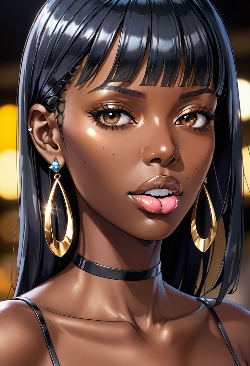 score_9, score_8_superior, score_7_superior, score_6_superior, score_5_superior, score_4_superior, sauce_anime, alone, One girl, Mature Woman, Bremerton_\(Azure_lane\), Dark Skin, Woman with dark skin, makesuperior, eye shadow, fix, Sunburned skin, Shiny skin, Metallic Tan, Skin of color, Jet Black Skin, saliva, tongue, Pierced earrings BREAK Light Brush, Cup, bar, Dim lighting, Drunk, 