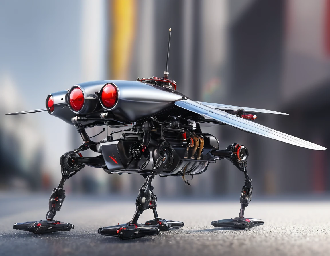 fly, simple robot crow drone , made of liquid metal, red eye, bomb in claws