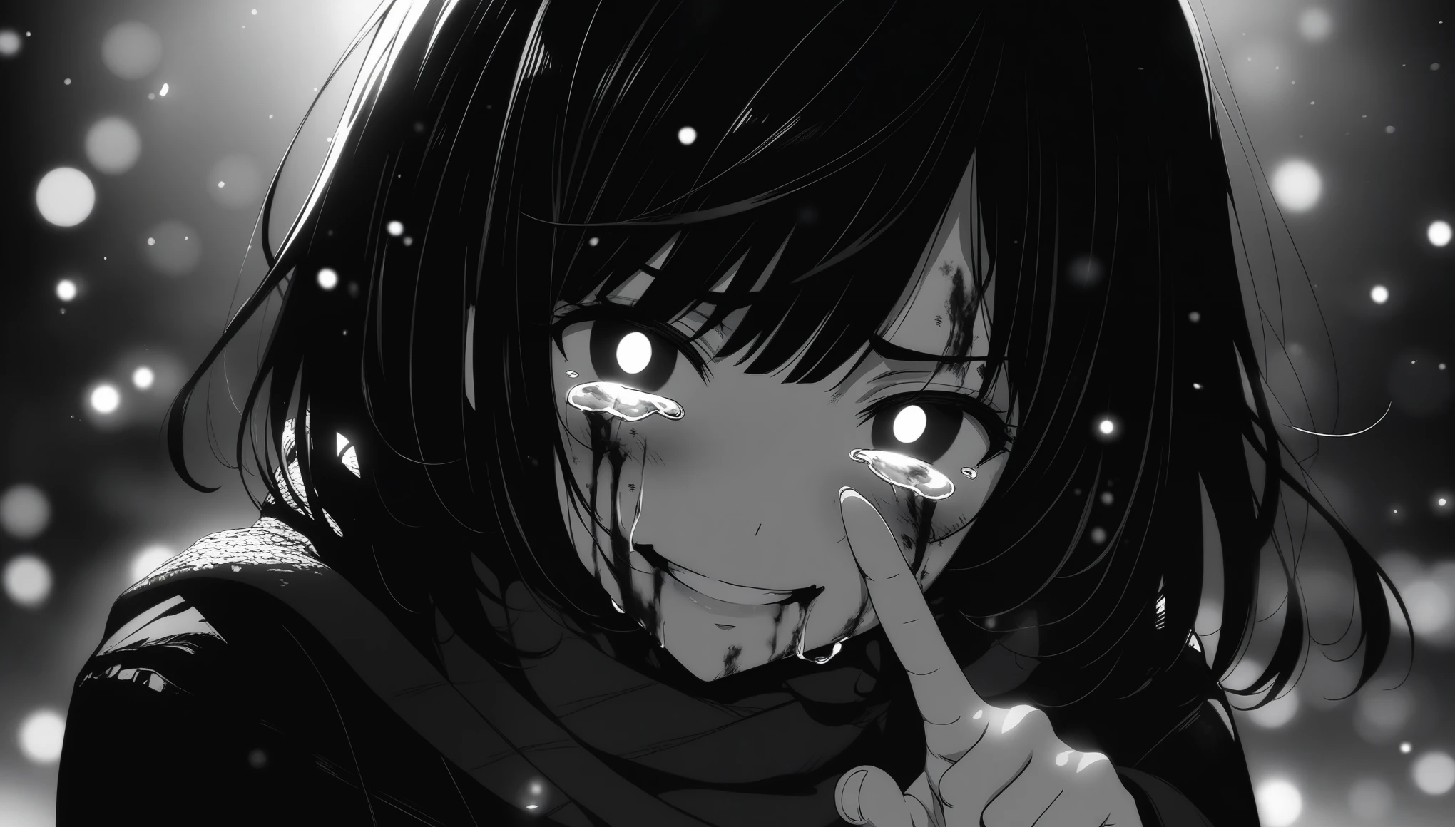 masterpiece, best quality, 1girl, momose_(oqo) official art, misaki kurehito official art, grayscale, manga style, japanese, chi no wadachi, black eyes, glowing white pupils, street, iced, black hair, schoolbag, smile, crying, tears, tears streaming, blood, blood_from_mouth, bruise, nosebleed, lineart, face against the ground, looking at viewer, blood on face, black coat, black scarf, 35 years old, mature_female:1, tall, fair skinned, bokeh background, streaming, bob cut, light particles, centered, snowing, emotional anime scene, (very aesthetic, best quality, ultra detailed), intricate details, red and blue lights flashing, camera glare, finger_gun, pointing at viewer
