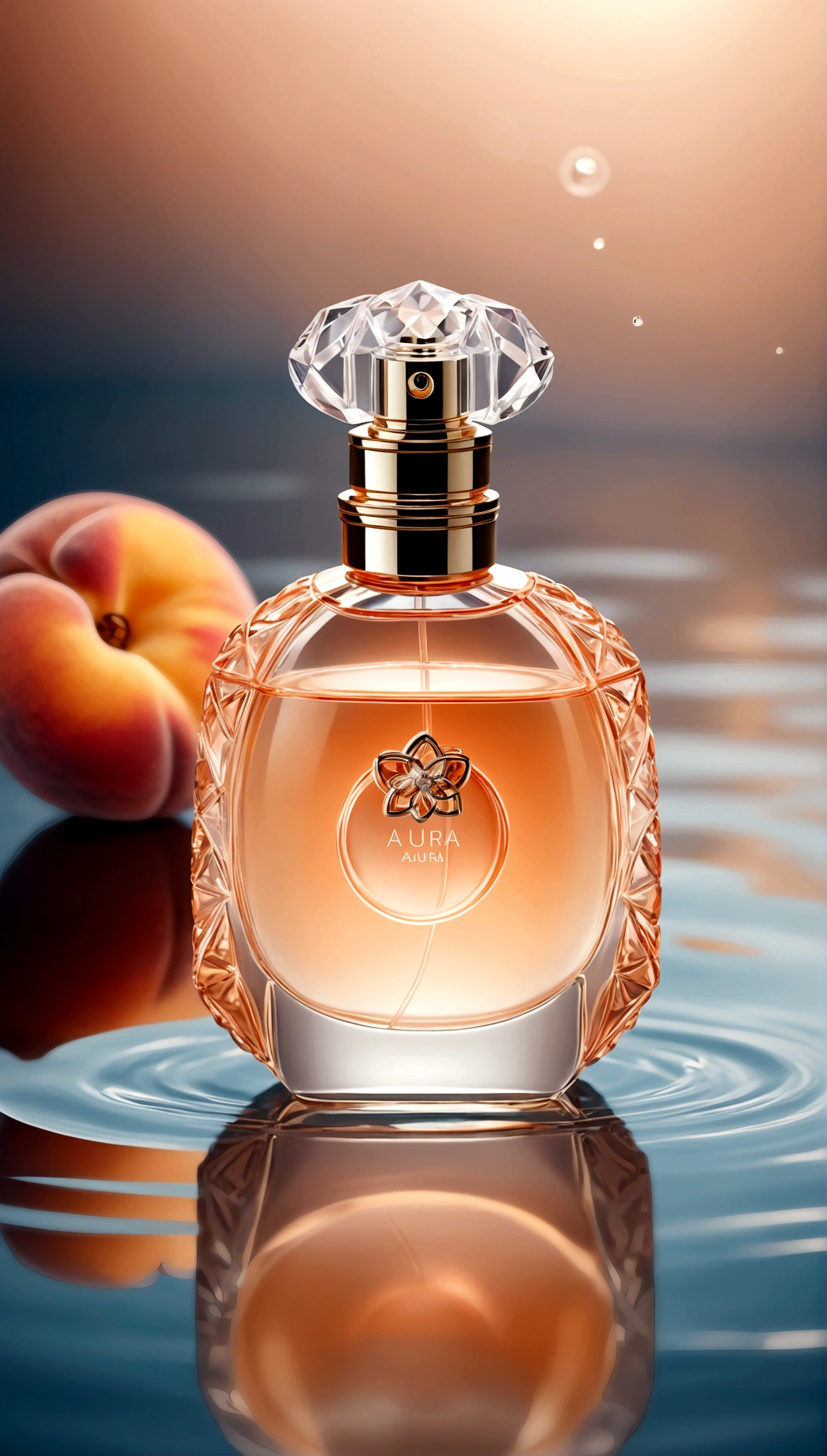 perfume with peach, stylish perfume, women's perfume, perfume stands on the water, stylish perfume, soft aura, blurred background, light, gentle perfume, surface of the water, cold haze