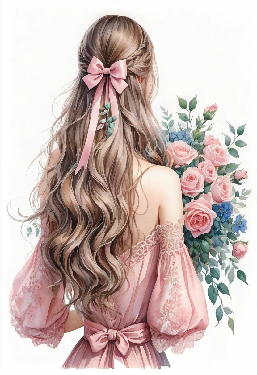 anime girl, watercolor painting. a detailed watercolor illustration that captures the back of a woman, her long straight black braided hair cascading down her back, adorned with a black bow and a bouquet of flowers in her right hand. She is dressed in a black dress with wide shoulders, decorated with lace details on the neckline and sleeves. her left hand rests on a white surface, while her right hand holds a bouquet of pink roses, green leaves and blue flowers. the background is completely white, providing a strong contrast with the vibrant colors of the woman, by Marie Angel by Marie Angel, painting of beautiful, girl with long hair, beautiful drawing style, dressed in a pink dress, realistic cute girl painting, ribbons and flowers, a beautiful artwork illustration, in the art style of bowater, a beautiful painting, pastel style painting