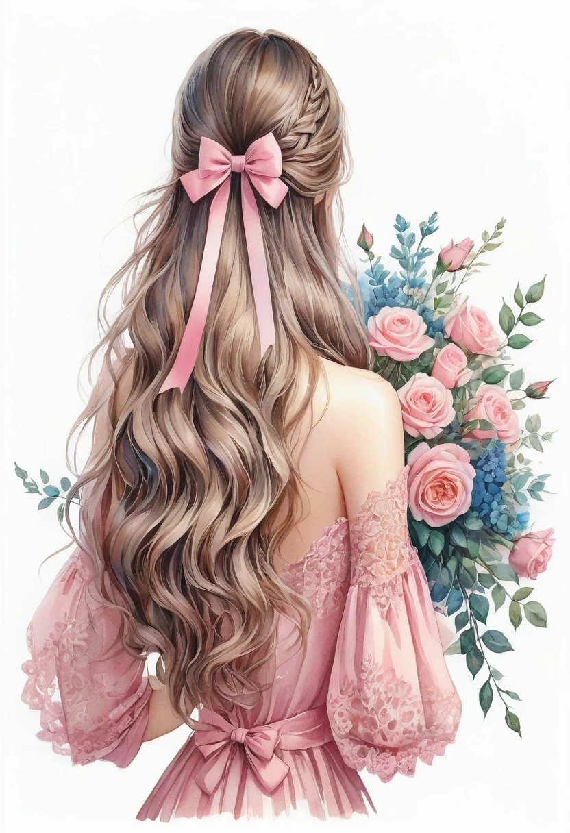 anime girl, watercolor painting. a detailed watercolor illustration that captures the back of a woman, her long straight black braided hair cascading down her back, adorned with a black bow and a bouquet of flowers in her right hand. She is dressed in a black dress with wide shoulders, decorated with lace details on the neckline and sleeves. her left hand rests on a white surface, while her right hand holds a bouquet of pink roses, green leaves and blue flowers. the background is completely white, providing a strong contrast with the vibrant colors of the woman, by Marie Angel by Marie Angel, painting of beautiful, girl with long hair, beautiful drawing style, dressed in a pink dress, realistic cute girl painting, ribbons and flowers, a beautiful artwork illustration, in the art style of bowater, a beautiful painting, pastel style painting