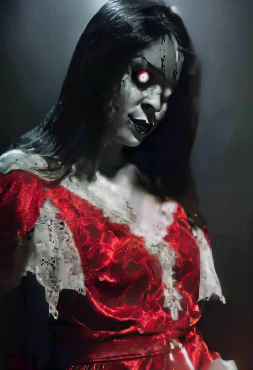 (misty, haze:2.0),(dimly lit:1.8), (translucent:1.4), (dark:1.6), (dark room:1.2), (chiaroscuro:1.8), shadow, (dark theme:1.2),cinematic movie still,(horror style:1.3), woman head with long black hair and a white ghostly face, wearing a creepy smile, (fading dark Red eyes:1.2), wide open , screaming expression, sharp fangs teethes, mood effect is eerie and unsettling,, absurdres, high sharp, ultra highres, high sharp, crystal clear, 4K, 8k, HD, UHD, super detail, absurdly detailed, highly detailed, best quality, high quality, Sharp