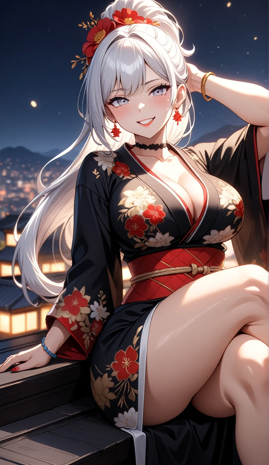 ((One personの女性)), Beautiful Face, (Laughing embarrassedly), (naughty face:1.1),((Wink:1.9)), (head tilt:1.3), teeth,Laugh with your mouth wide open,((Bright red cheeks:1.4)), Glossy red lips, ((crossed legs:1.4)), panty shot, Touching hair with hands,looking at viewer, Rooftop terrace, firework,Lighting on the face, ((Anime style background)),masterpiece, Highest quality, so beautiful,up to date, Complex details, (Pink long nails),(ring),(bracelet),(Floral choker),AI-generated, Complex,High resolution, Highest quality, super high quality,3D Images、3D Images,One person,Long white hair,High Ponytail, Anime woman posing for a photo,(blue eyes), ((Fine grain、Silvery white eyes、Shining Eyes:1.3)), (Squint your eyes:1.1),a hyperRealistic , hyperRealistic , Realistic,Anime woman with long white hair, Smooth anime CG art, A woman in a colorful kimono with gold embroidery, (Black long sleeve kimono),Red floral pattern,Long flower hair ornament,Earrings,Mature Body,(Big Breasts:1.1),Tall,Abdominal muscles,Tight waist,(Zoom in on face:1.3), (dutch angle),