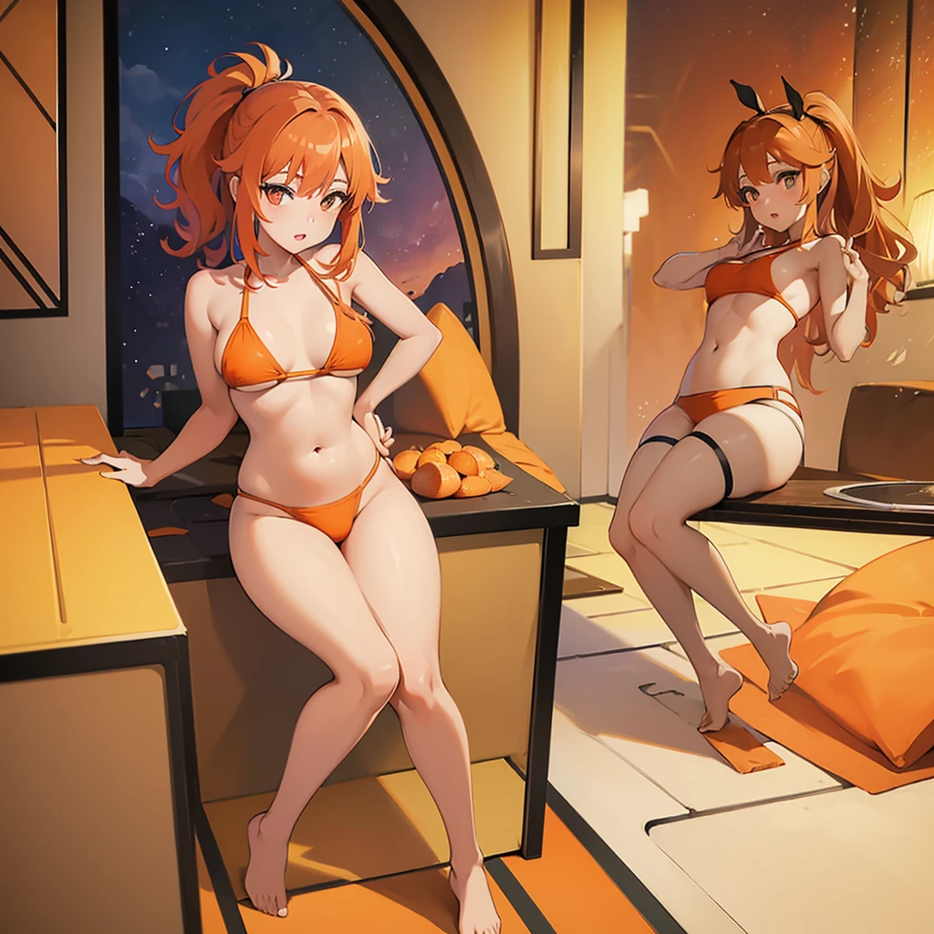 (masterpiece), Highest quality, Expressive eyes, Perfect Face, Hyuuga Hinata, Orange Bikini,  Orange Hair, Curvy, stand up, The weight of her right leg, Holding a little man