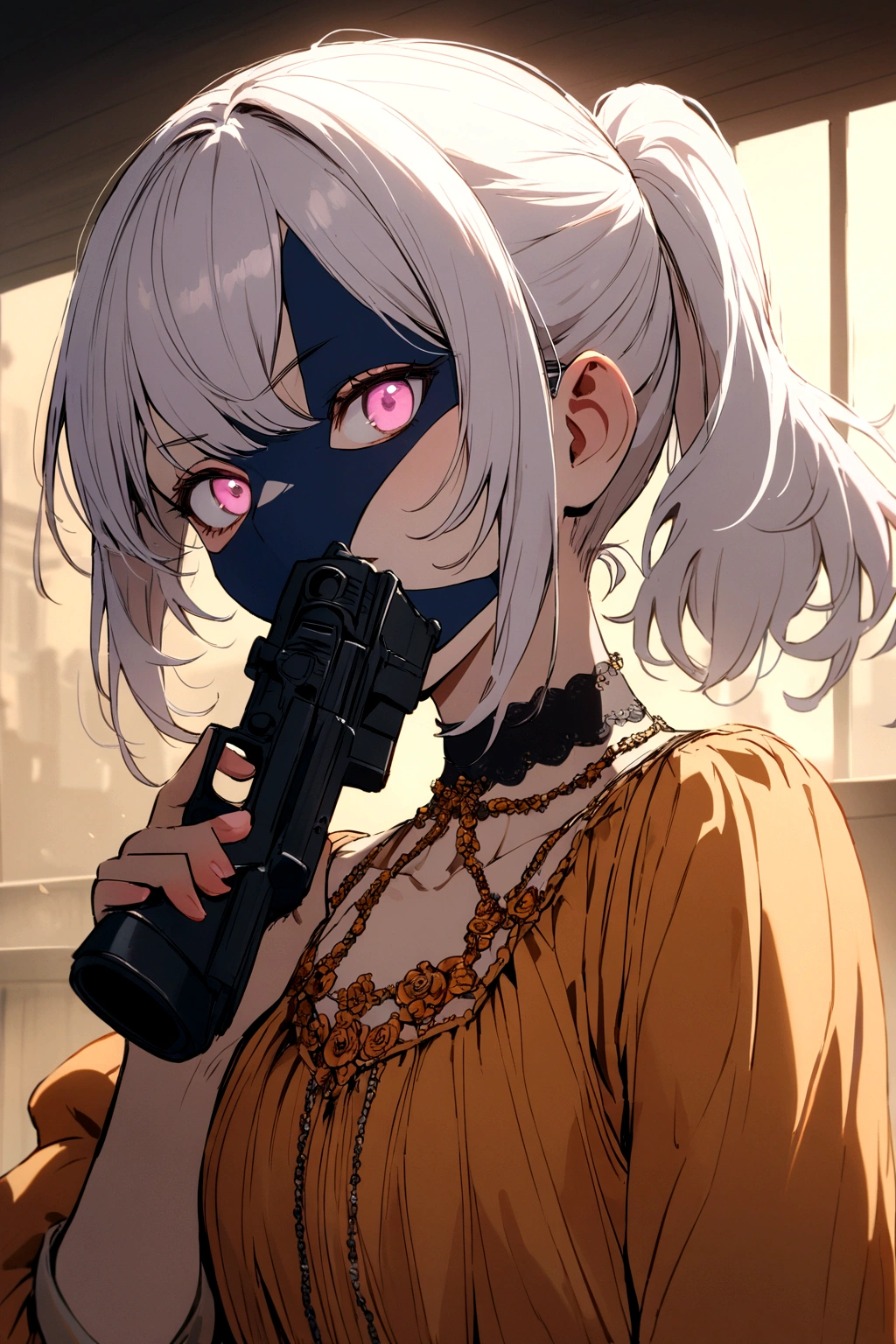 One , with white ponytail hair, with an orange chain blouse , cute-face, light pink eyes , dark blue mask, holding a gun.