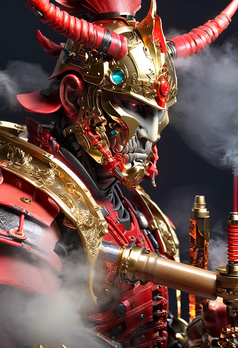 Ultra HD、super high quality、Real、CG、Masterpiece、cyborg、Android、Exhaling smoke through the mouth、The weapon is a Japanese sword、Samurai-like armor is made of full metal、Launch an attack on the enemy, FW Murano Style, Vibrant Color Blast, Incredibly detailed, Eyes glow red、dark, Key Visual, Atmospheric, 非常にReal, Attention to detail and texture, Ray Tracing、Wear an aura、My Horse is Made of Gold